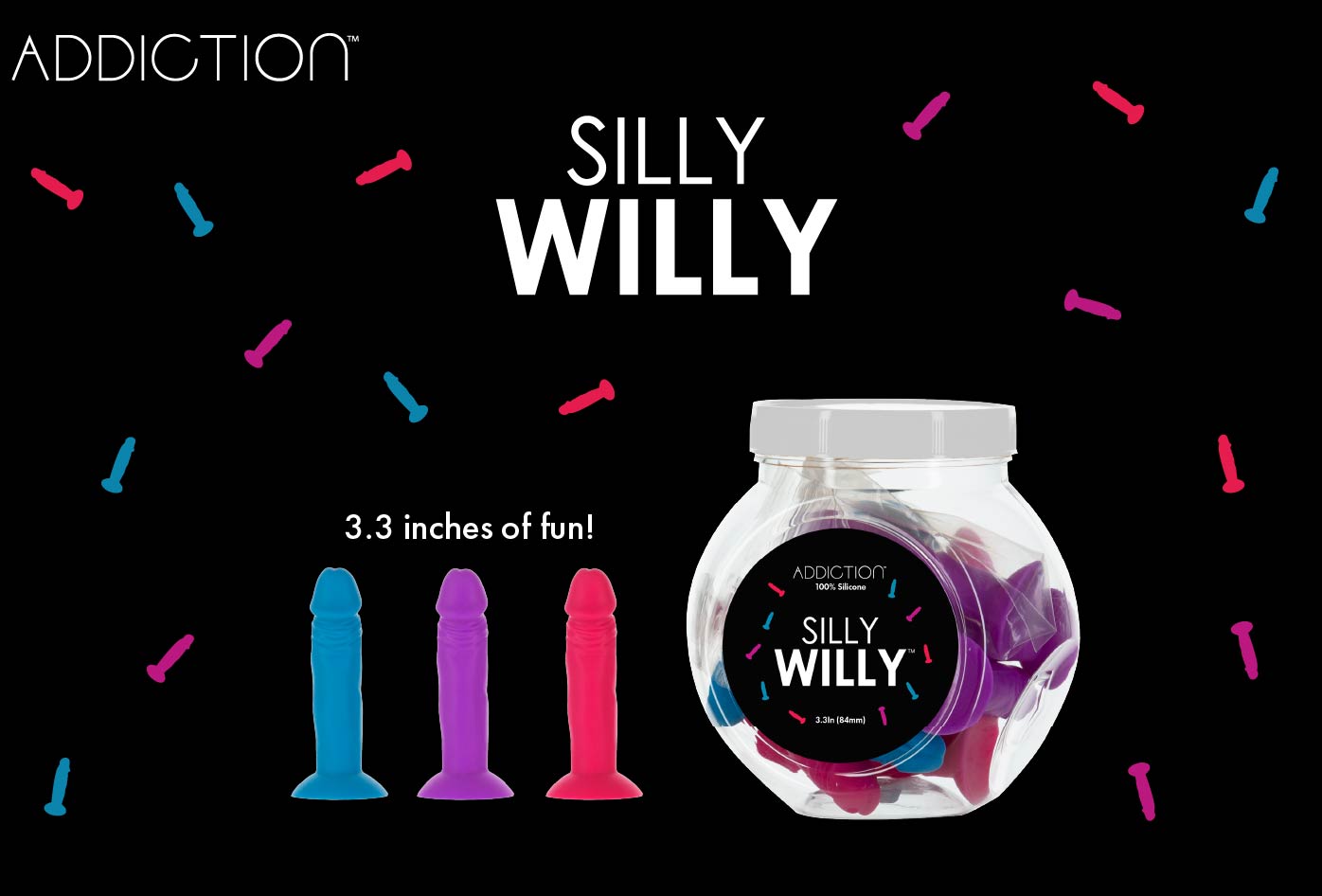 BMS – Addiction – Silly Willy – 3.3” Silicone Dildo – Multicolour